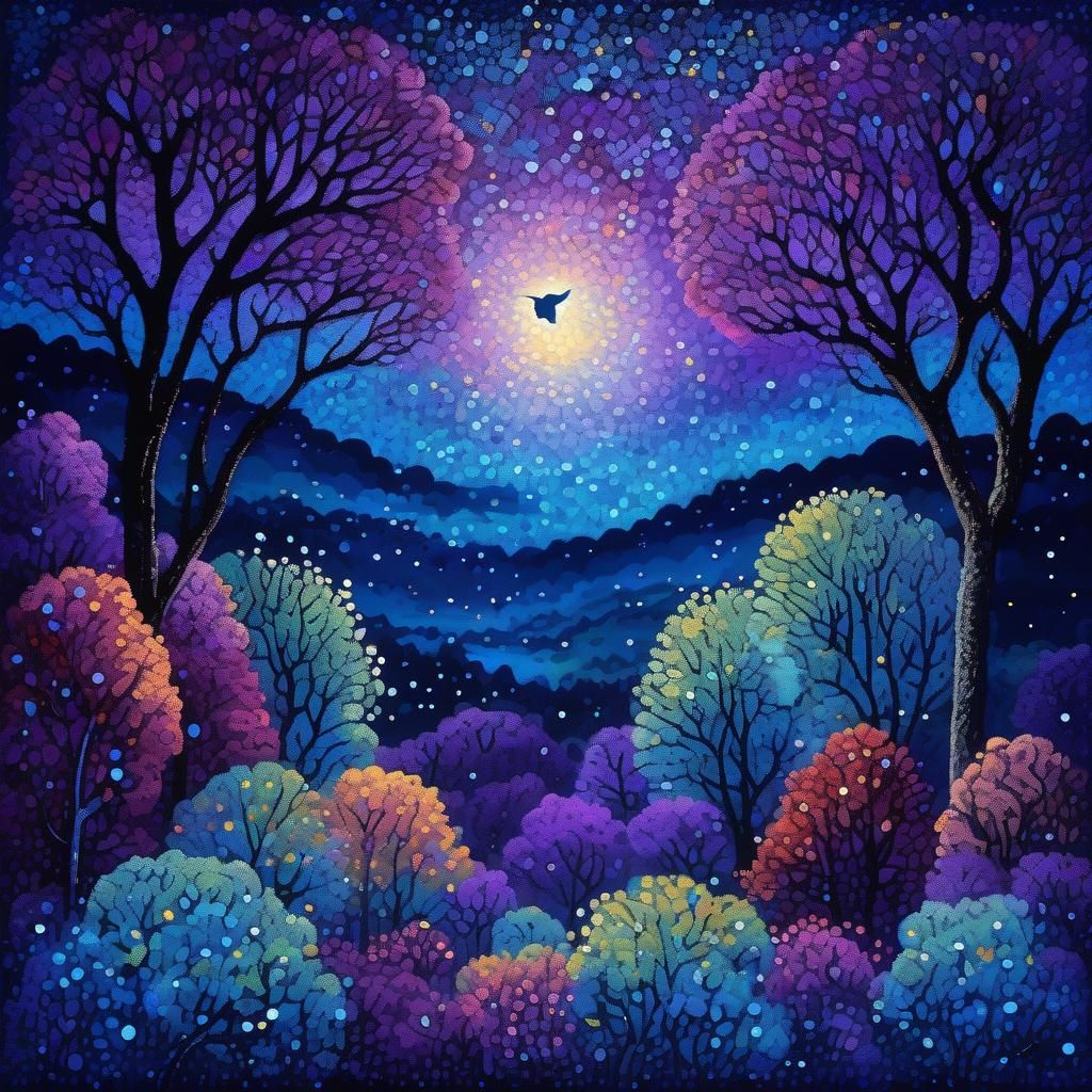 Ethereal Pointillist Landscape Under Starry Sky