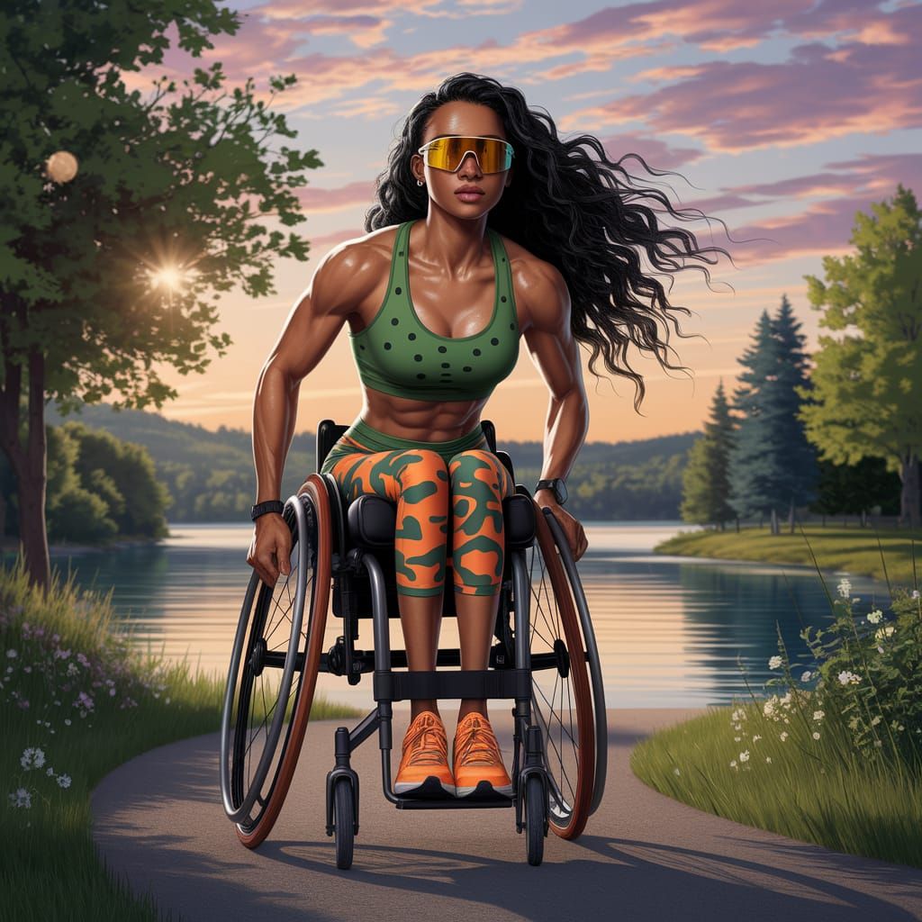 Paraplegic Woman Rolls Purposefully by Lake in Athletic Wear