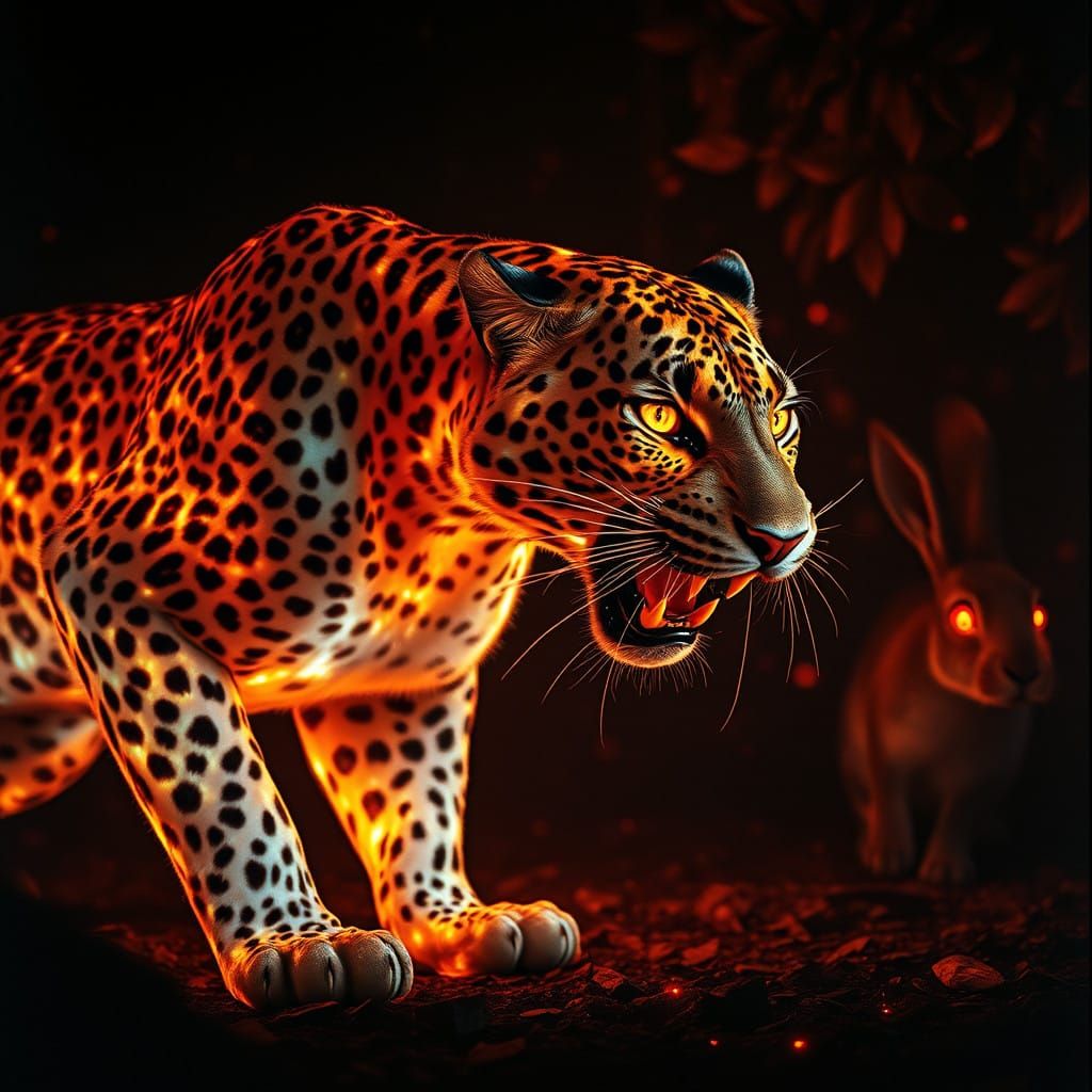 Majestic Fire Leopard Hunts Golden Rabbit in Ethereal Jungle...