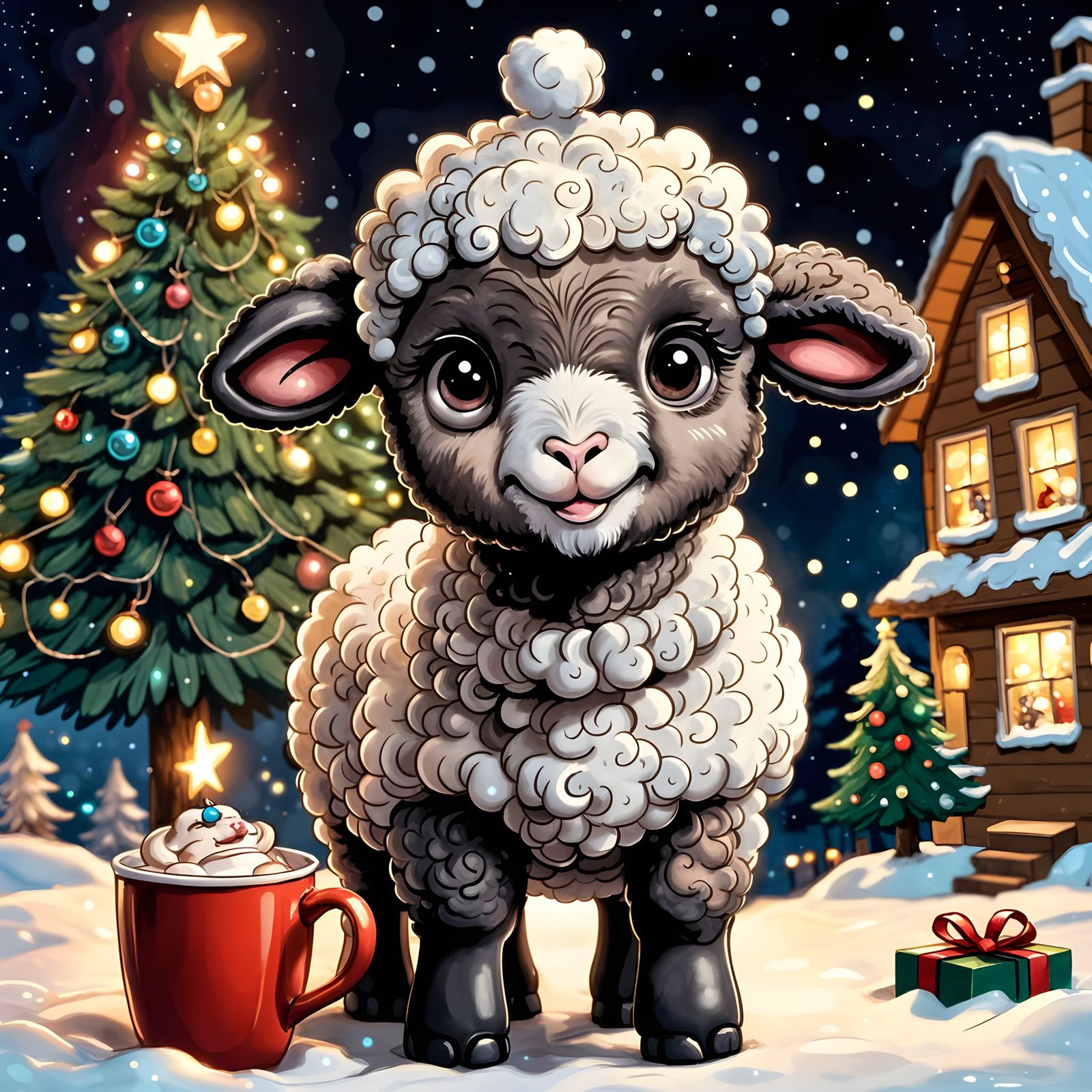 Cute Christmas Lamb Cartoon with Hot Chocolate