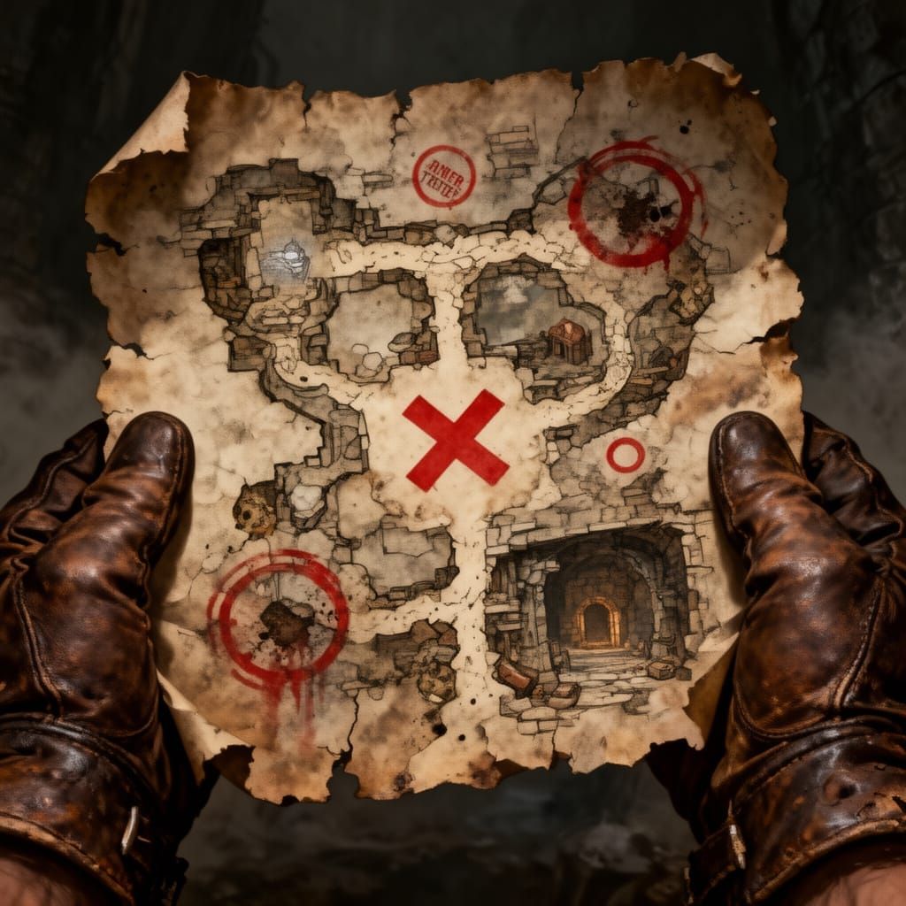 Old Dungeon Treasure Map Held in Leather Gloves
