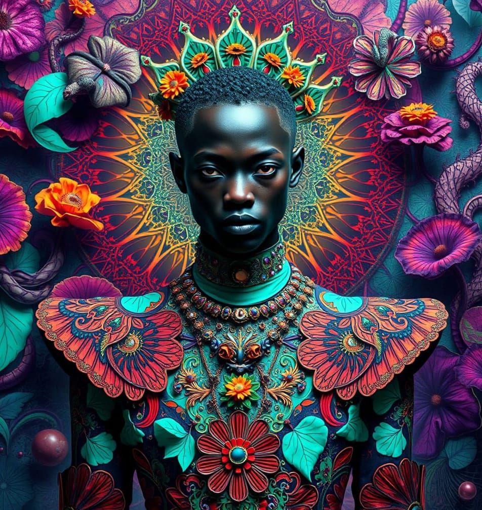 Ethereal Dark Skinned Fashion Icon in Vibrant Psychedelic Dr...