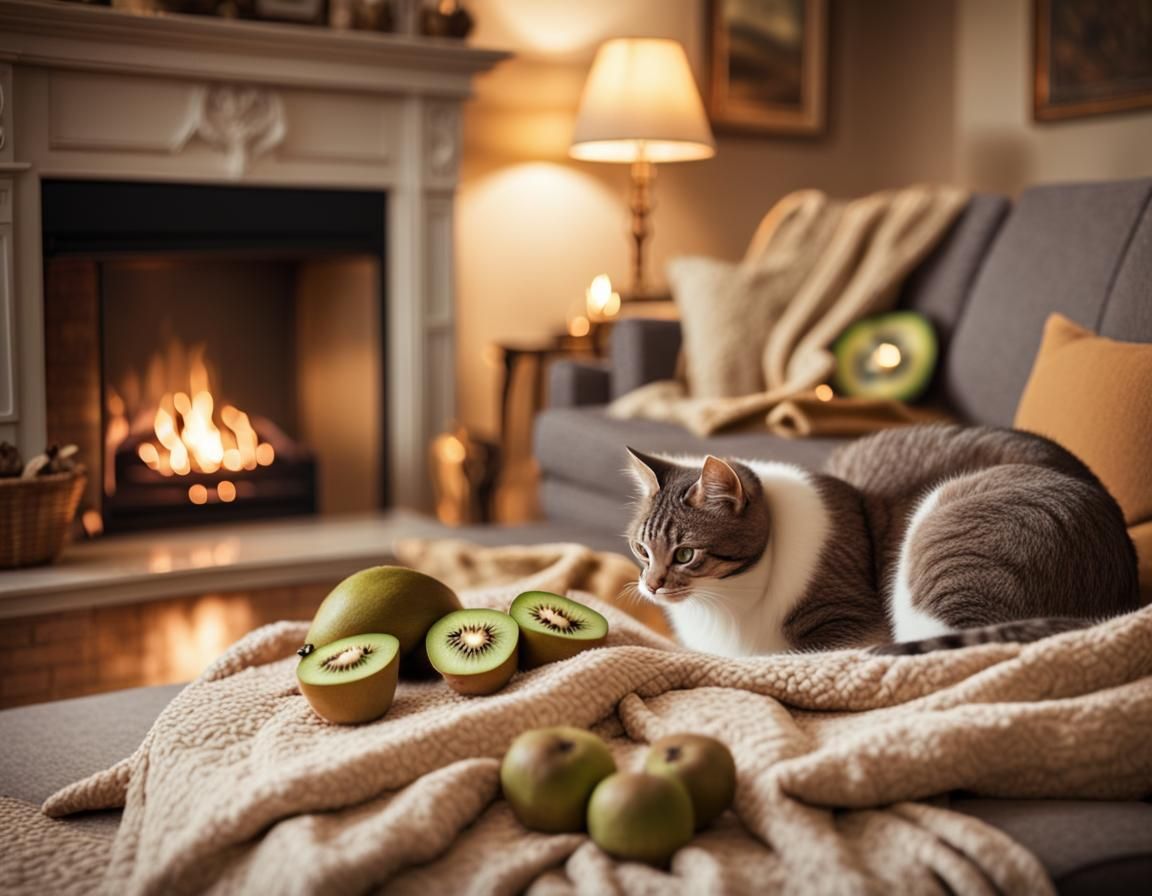 Cozy Evening Scene with Fireplace and Cat
