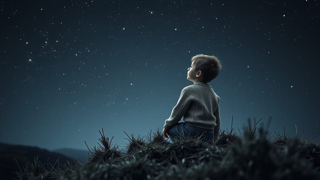 Boy Gazing at Stars: Moody Monochromatic Landscape