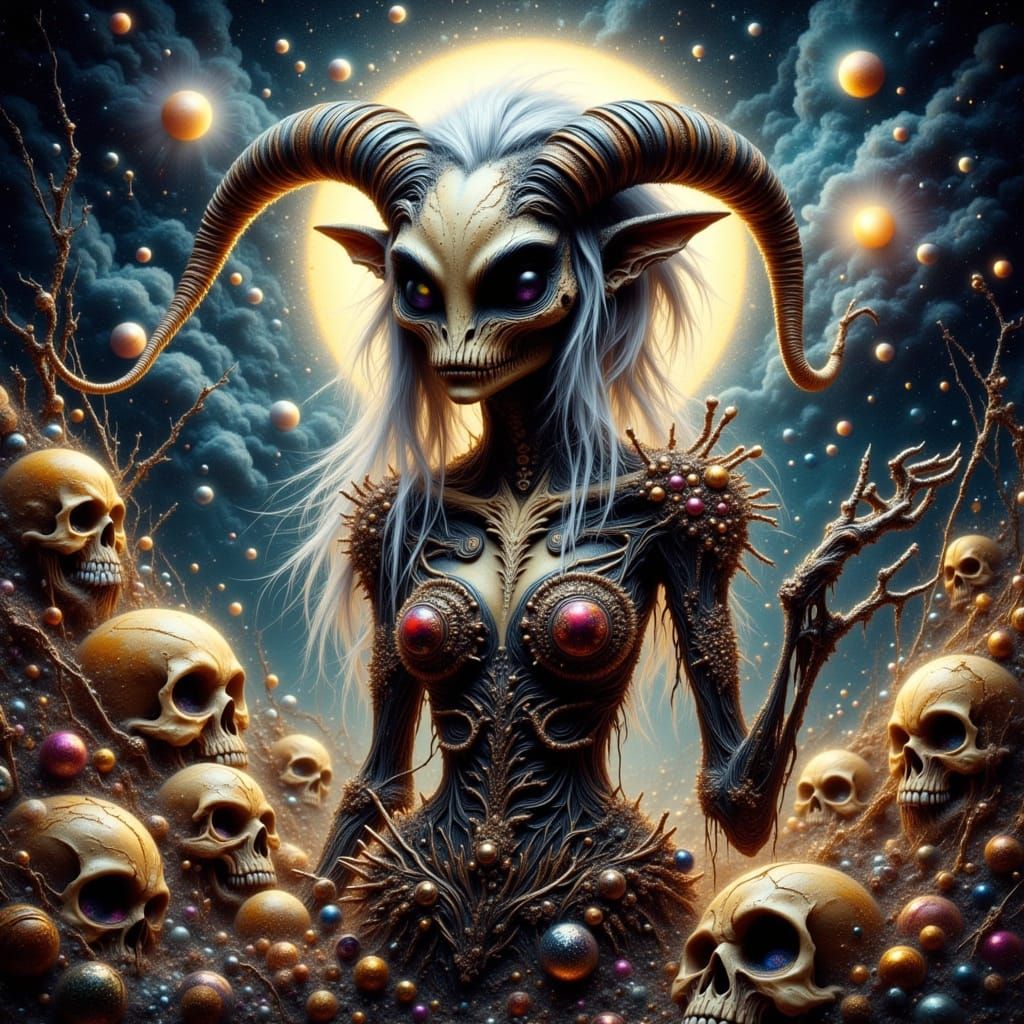 Skeleton Woman with Goat Horns in Cosmic Sci-Fi