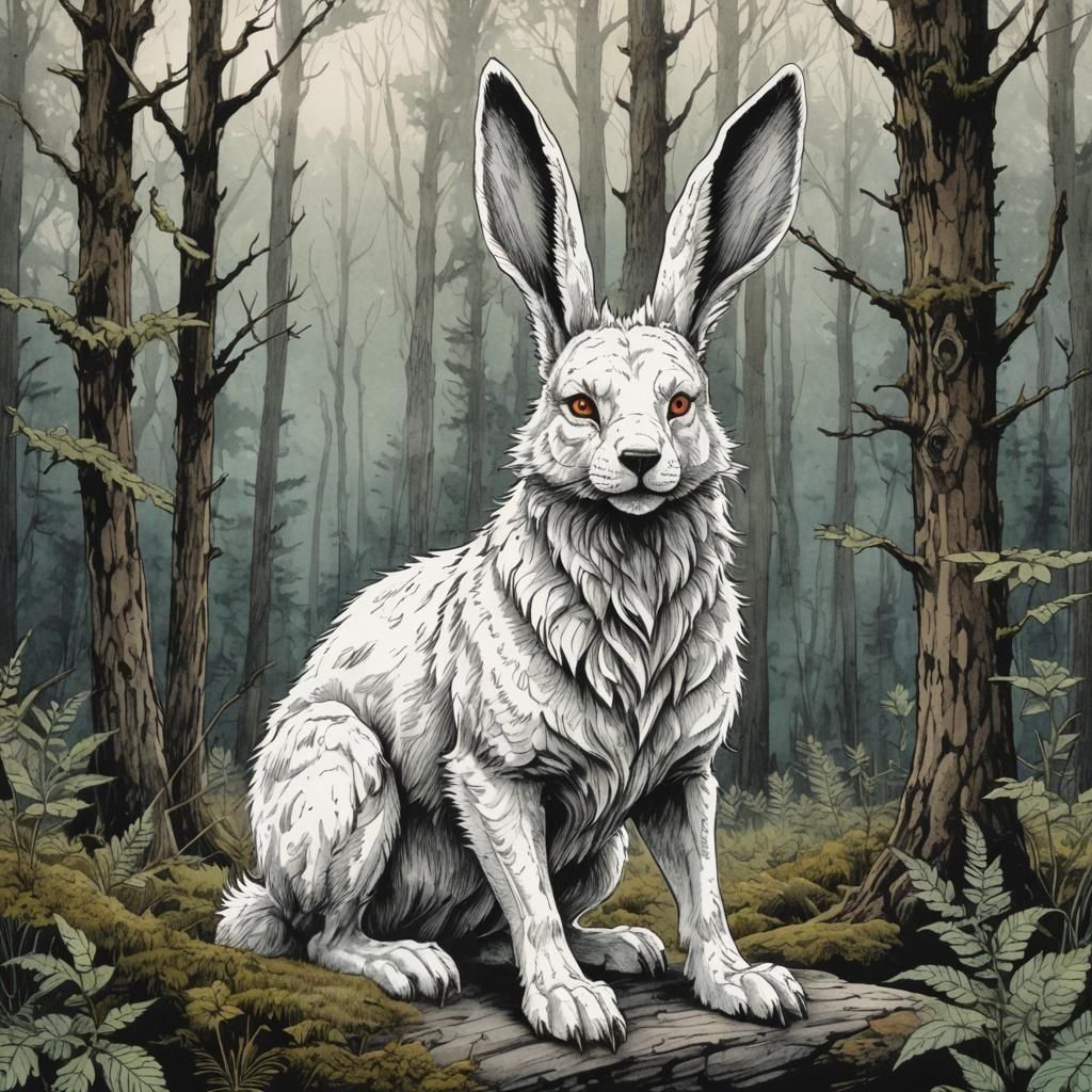 Bunny-Wolf Hybrid Creature in Forest, Pen and Ink