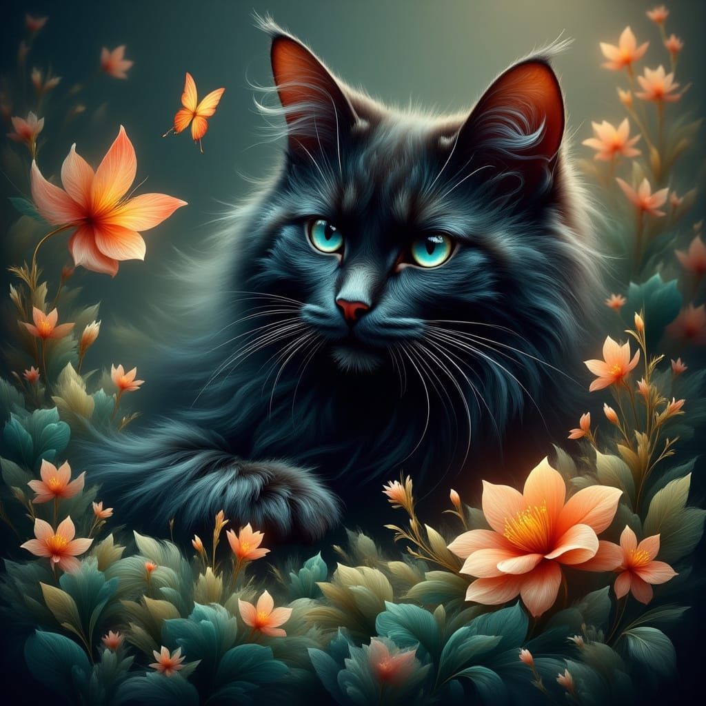 Ethereal Majesty: Regal Black Cat in Vibrant Garden