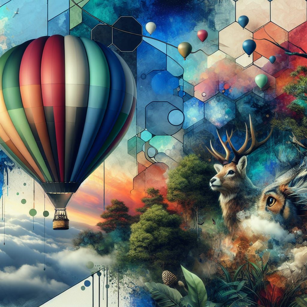 Colorful Hot Air Balloon in Mixed Media Art