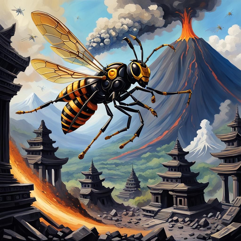 Mechanical Wasp with Sword Flies Over Temple