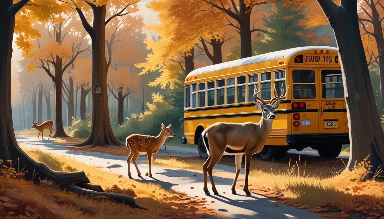 Whimsical Autumn Deer Scene with School Bus and Backpack