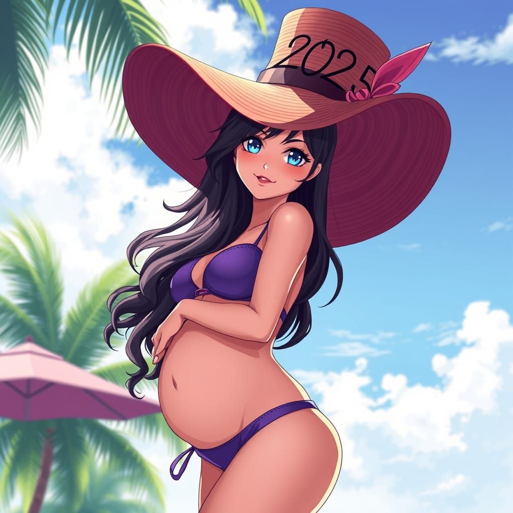 Elegant Pregnant Woman in Top Hat and Bikini, Year 2025 Embr...