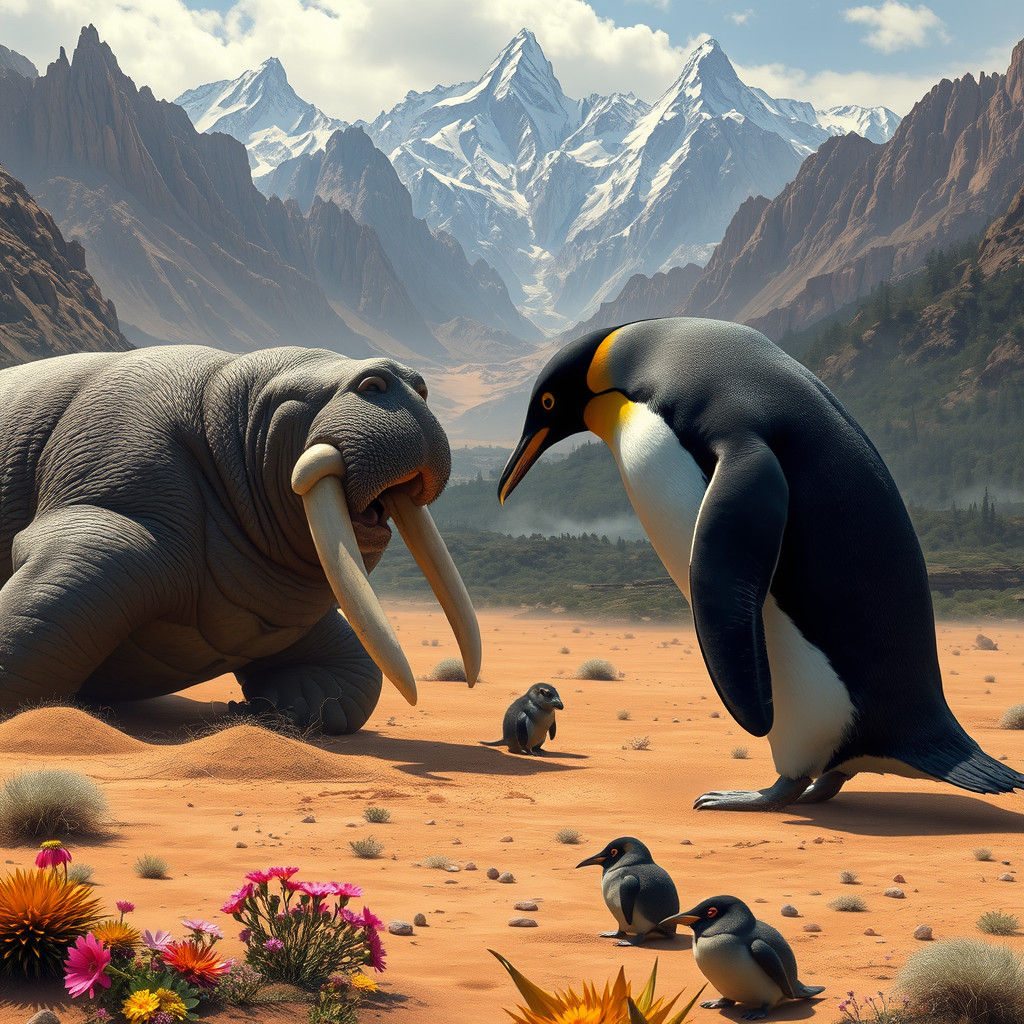 Walrus and Penguin Battle in Desert Landscape