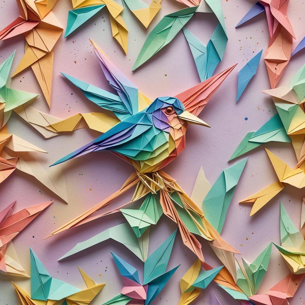Rainbow Origami Bird in Watercolor Style