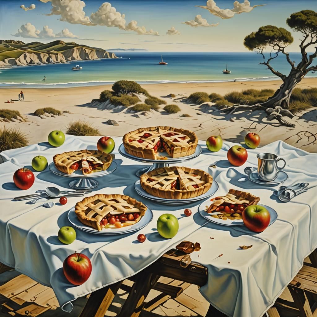 Surreal Beach Picnic with Apples and Pie
