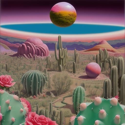 Rose Cactus Garden on Distant Planet: Surreal Oil Painting