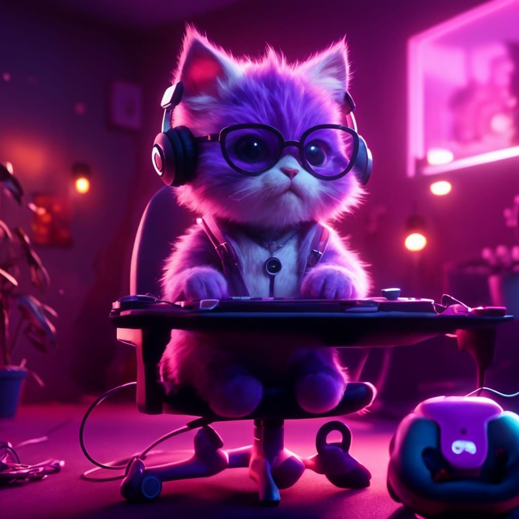 Neon Kitten Plays Nintendo in Detailed Digital Art
