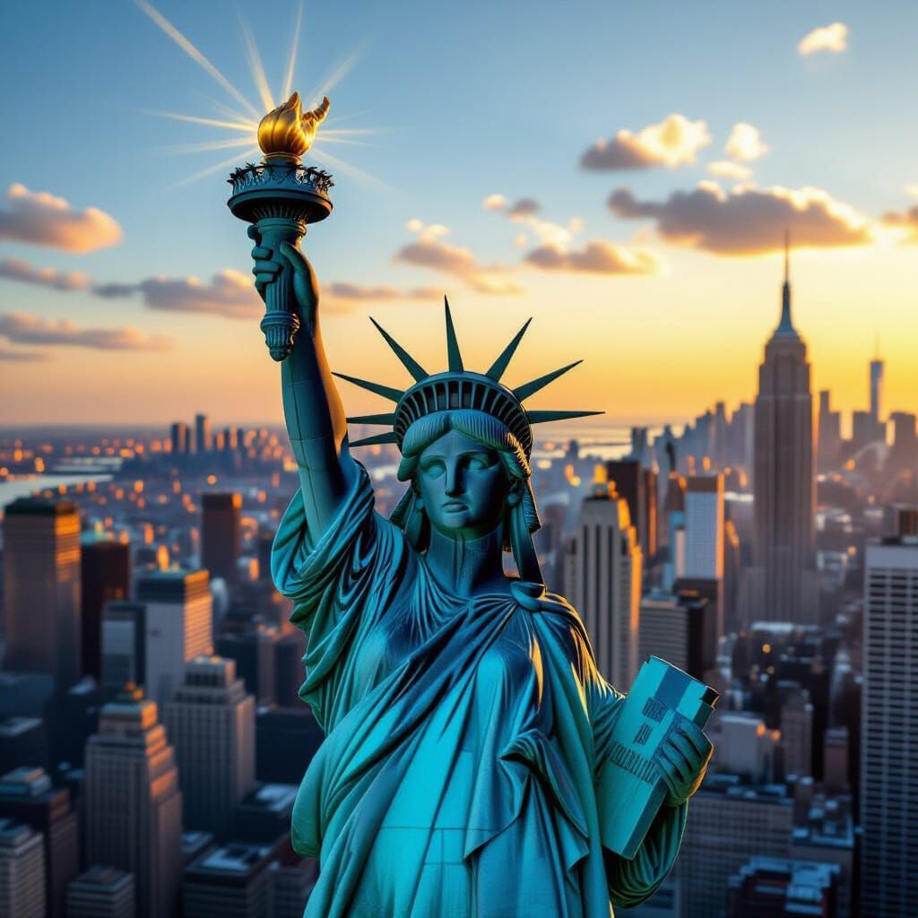 Statue of Liberty Panoramic Photo at Golden Hour