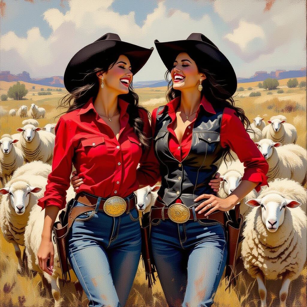 Cowgirls Laughing, Rounding Up Sheep in Oil Painting Style