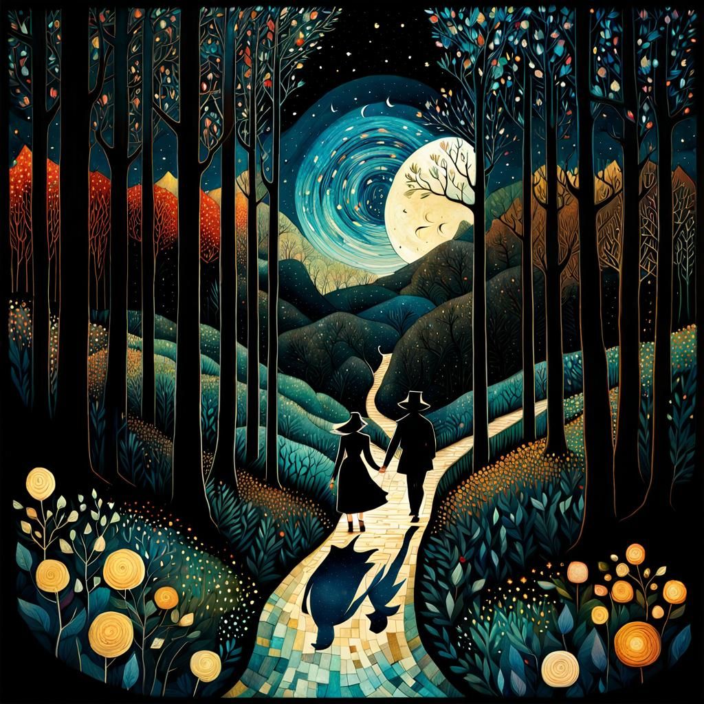 Couple in Forest, Surreal Folk Art Style