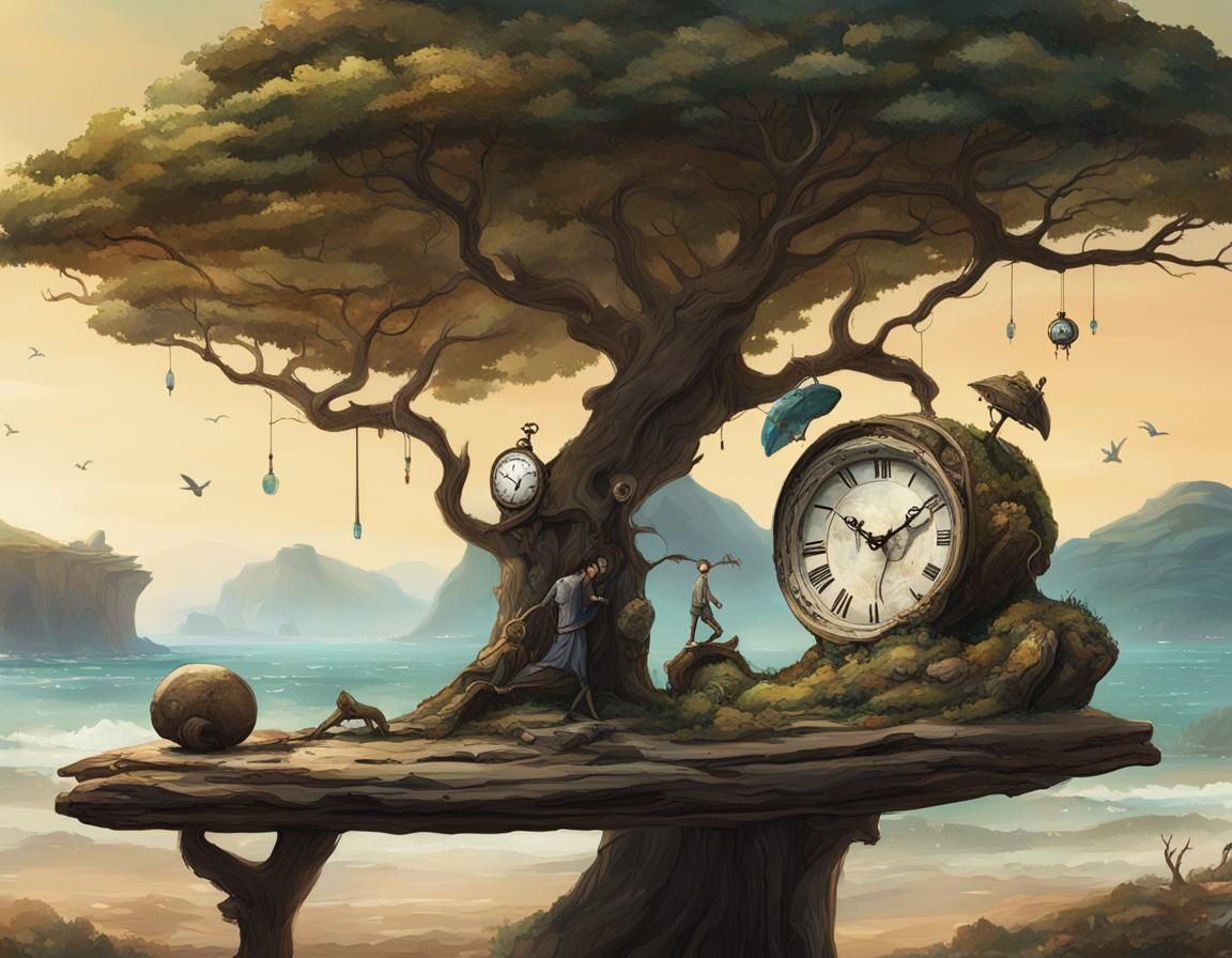 Clocks in Enigmatic Landscape: Futuristic Digital Art