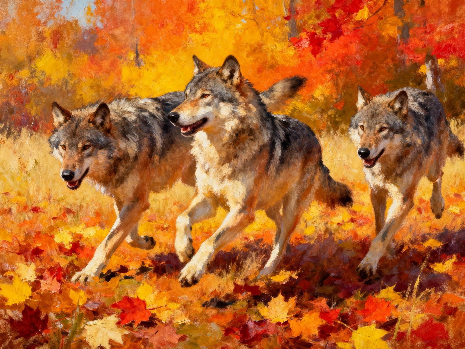 Three Wolves Play in Autumn Field Oil Painting