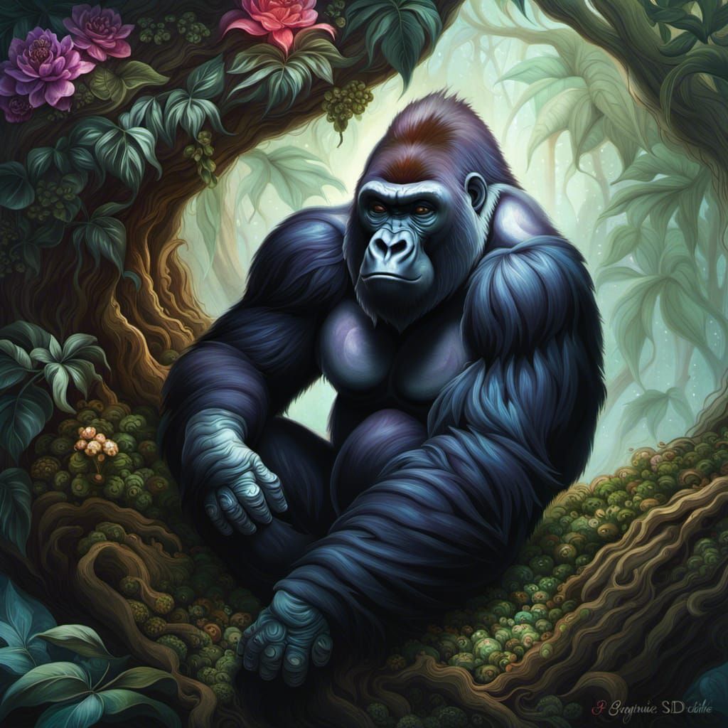 Detailed Gorilla in Forest, Digital Art