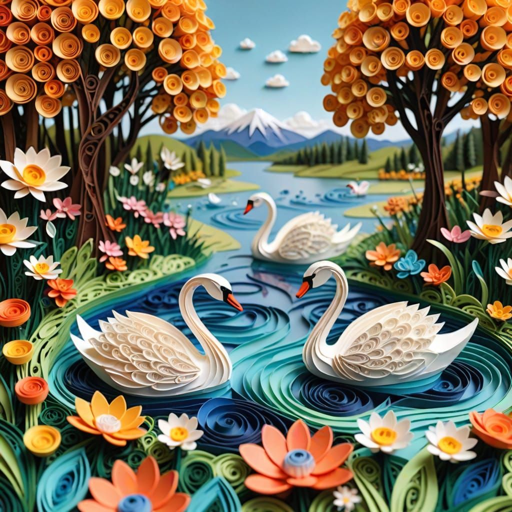 Ornate Paper Quilling Landscape with Origami Swans
