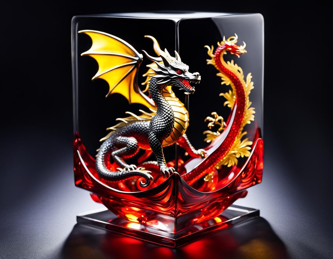 Little Red Riding Hood and Dragon in Glass Cube