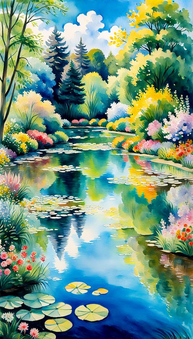 Impressionist Garden: Watercolour Landscape with Pond