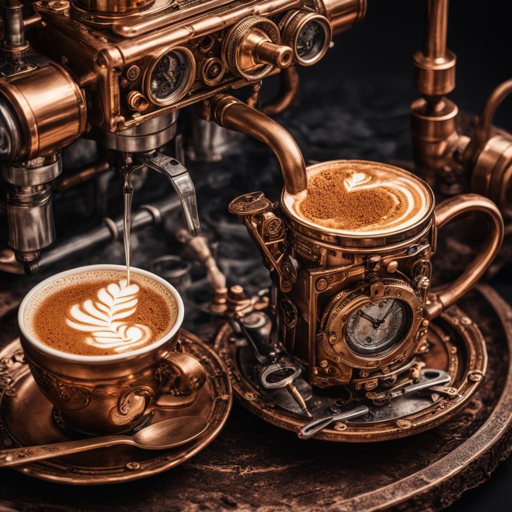 Steampunk Coffee with Barista Art, Photorealistic Close-up