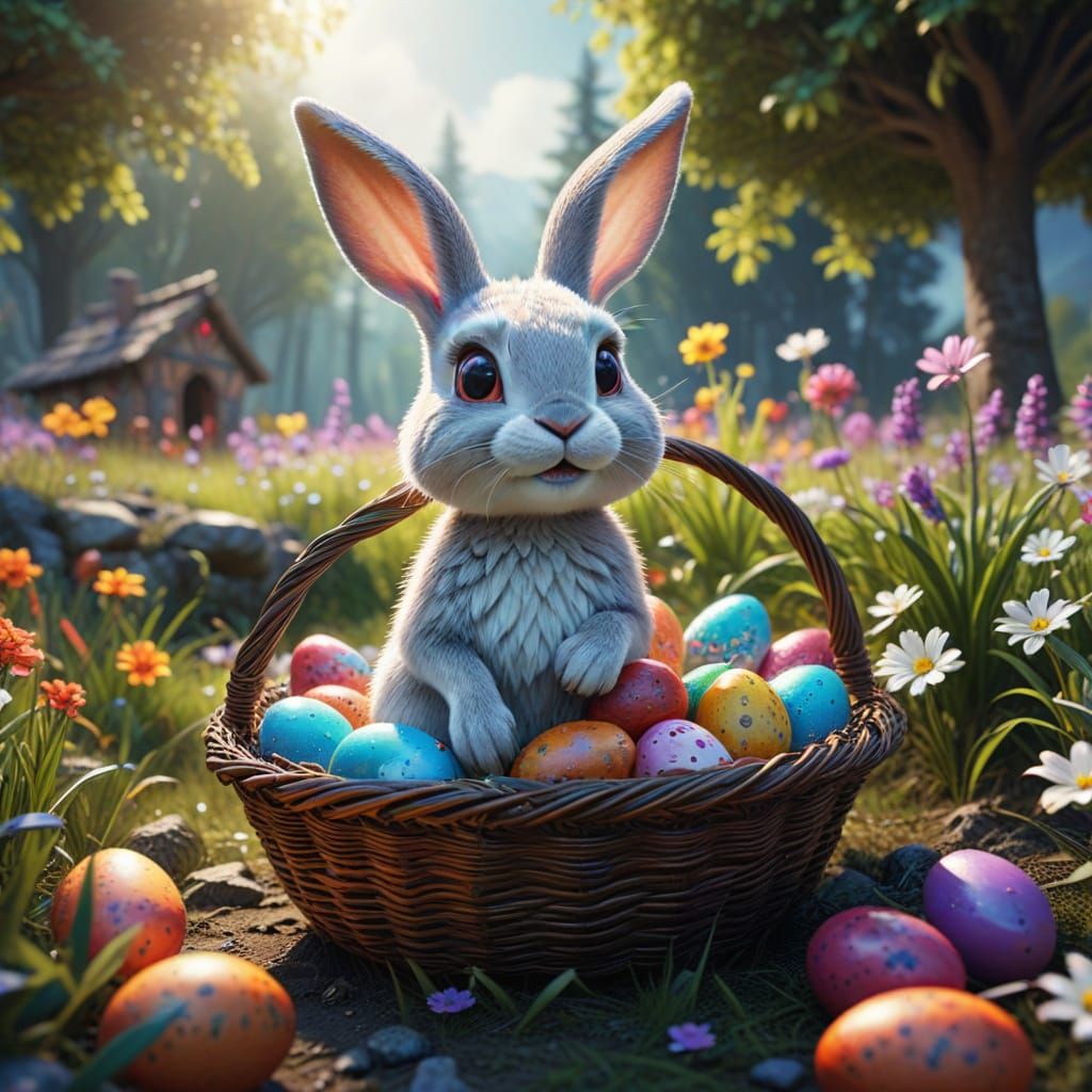 Ethereal Spring Goddess with Easter Eggs in a Vibrant Field