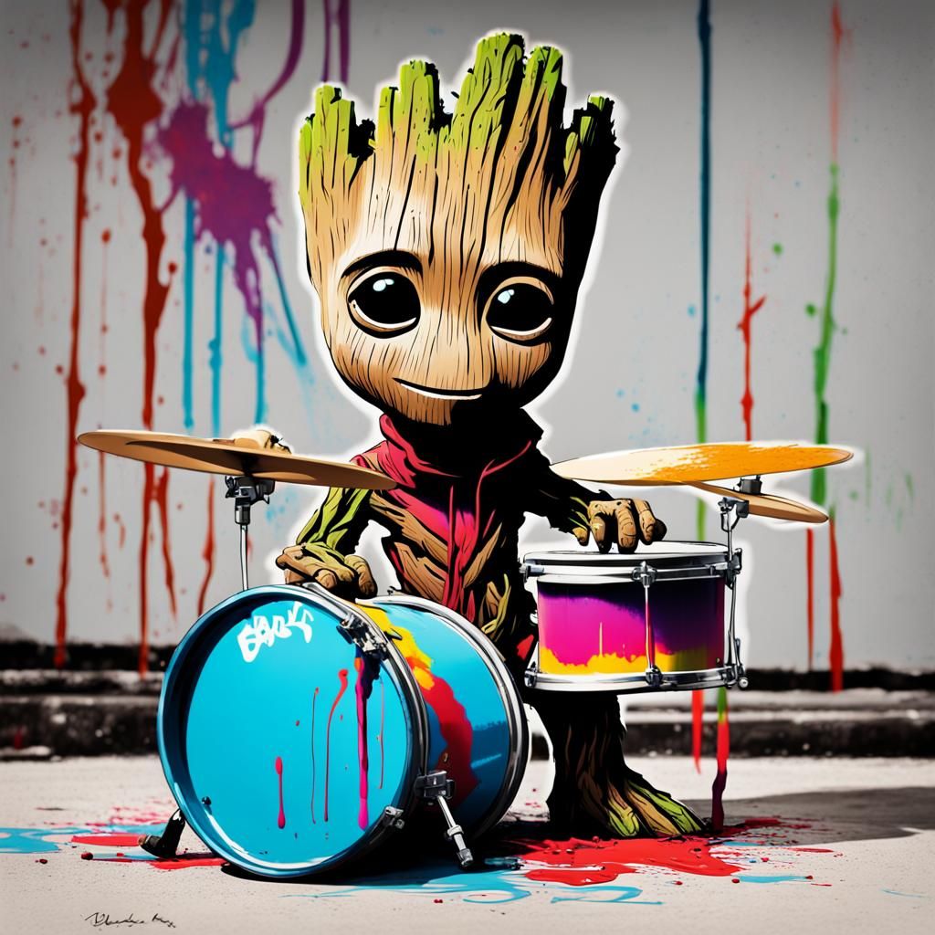 Baby Groot as Little Drummer Boy in Graffiti Art