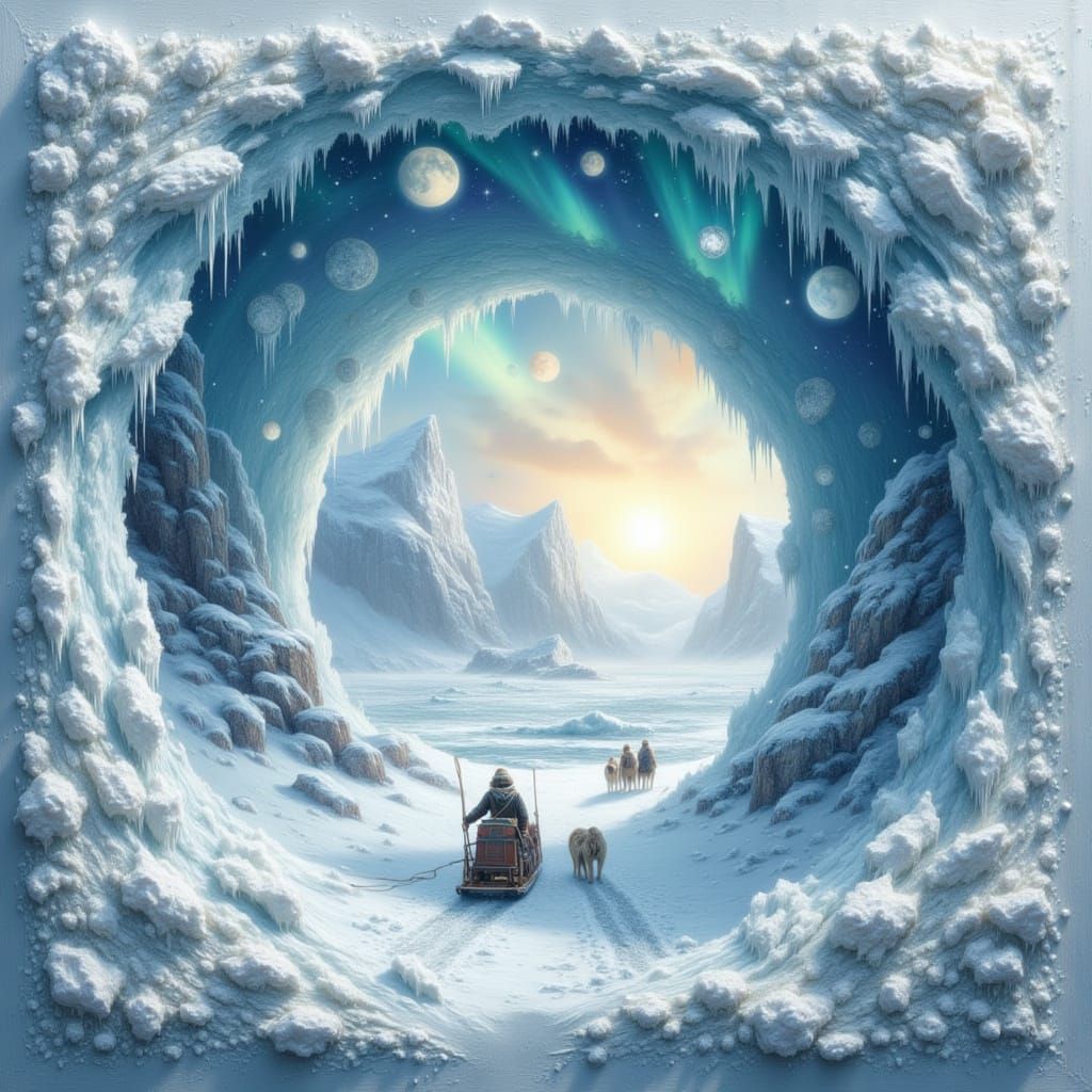 Arctic Expedition Through Ice Portal Hyperrealistic Fantasy