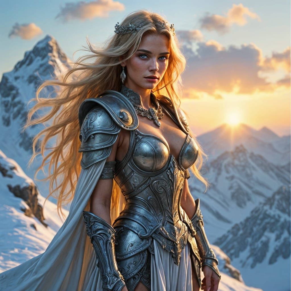 Valkyrie in Silver Armor at Sunrise
