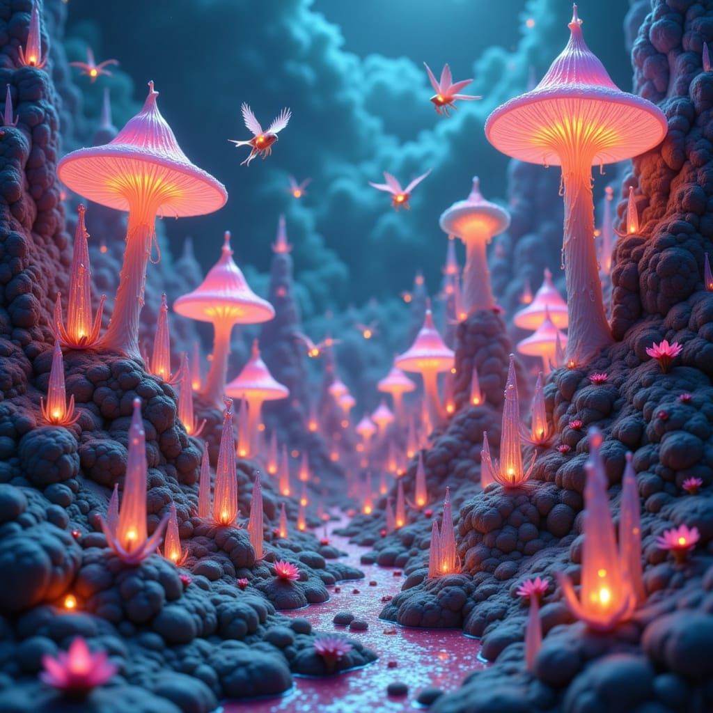 Glowing Mushroom Cityscape in a Surreal Style