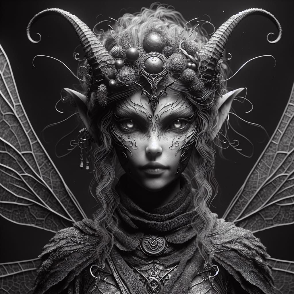 Permian Fairy Portrait in Hyperdetailed Black and White