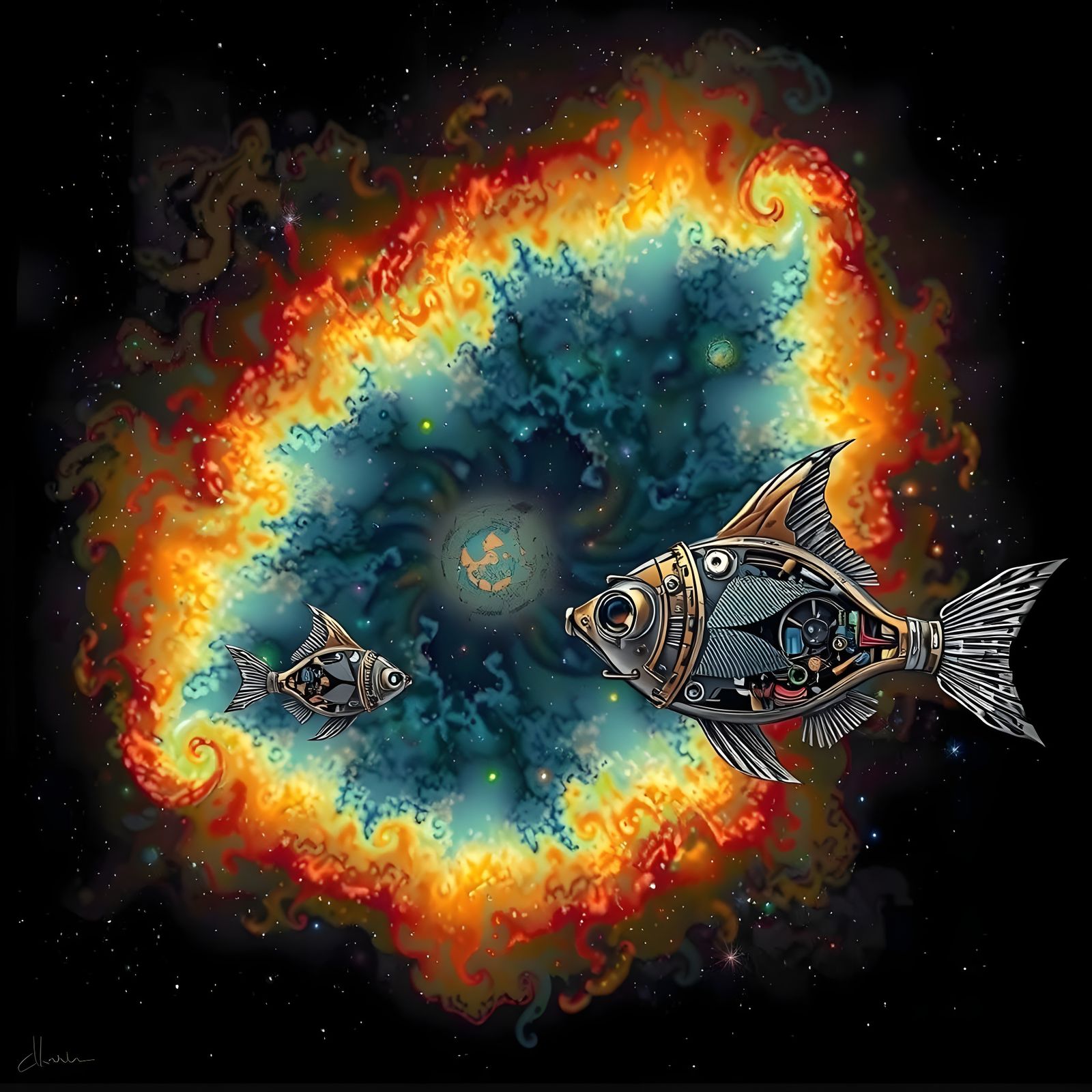Steampunk Spaceships Circle Carina Nebula in Whimsical Style