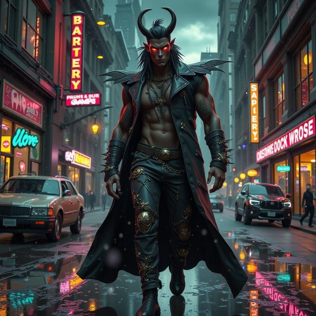 Muscled Urban God Exudes Power in Rainy Metropolis