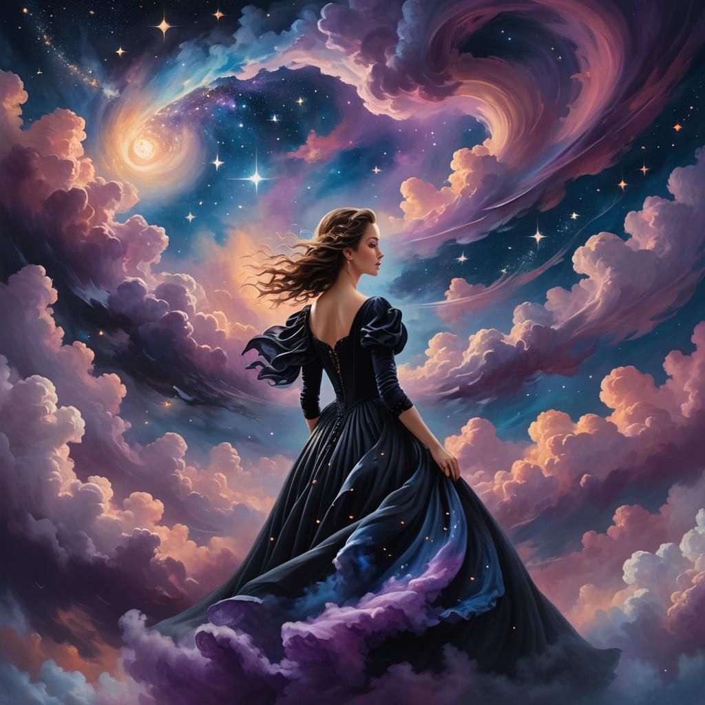 Woman in Starry Night Sky: Surrealist Oil Painting