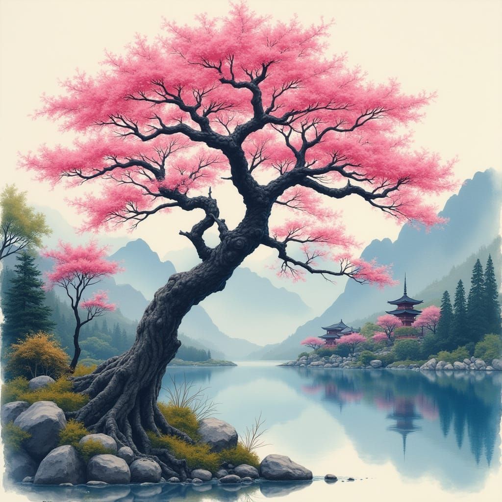 Sakura Tree Standing Tall in Serene Japanese Landscape
