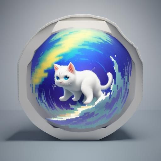 Fluffy White Kitten in 3D Pixel Art Style