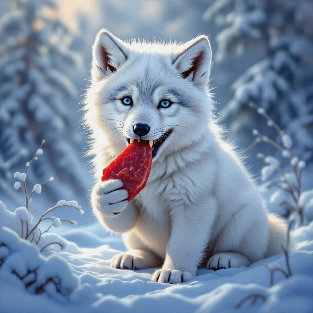 Ethereal Arctic Wolf Cub in Misty Landscape