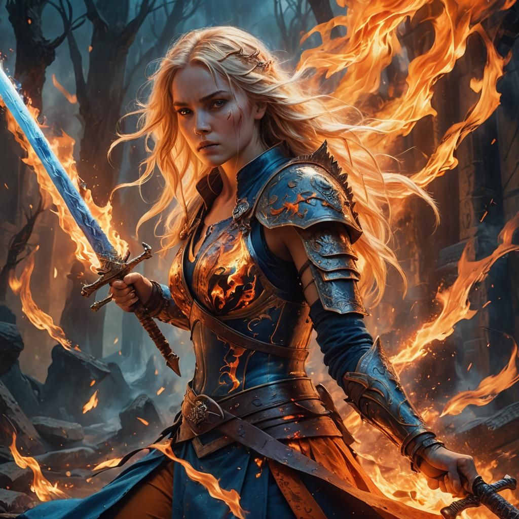 Fiery Sword Maiden in Mystical Realm