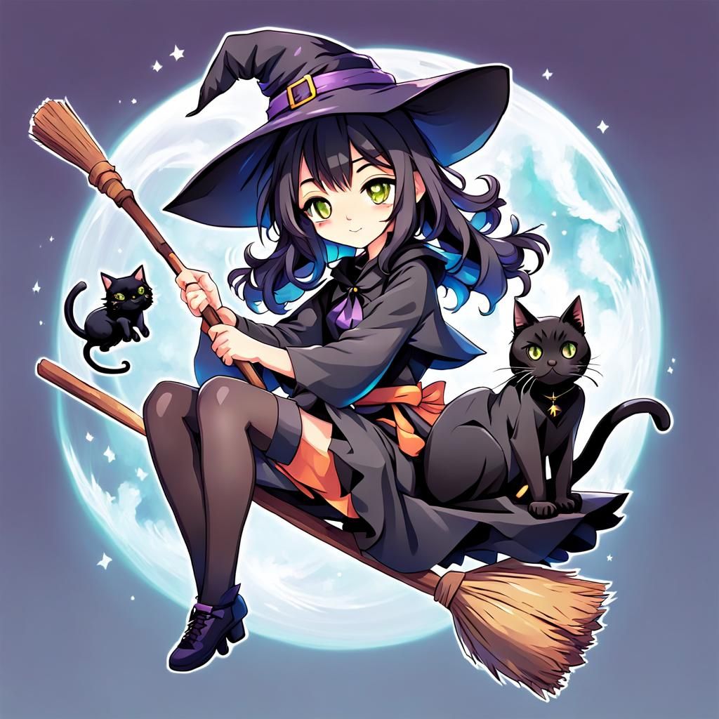 Anime Witch Girl on Broom with Cat