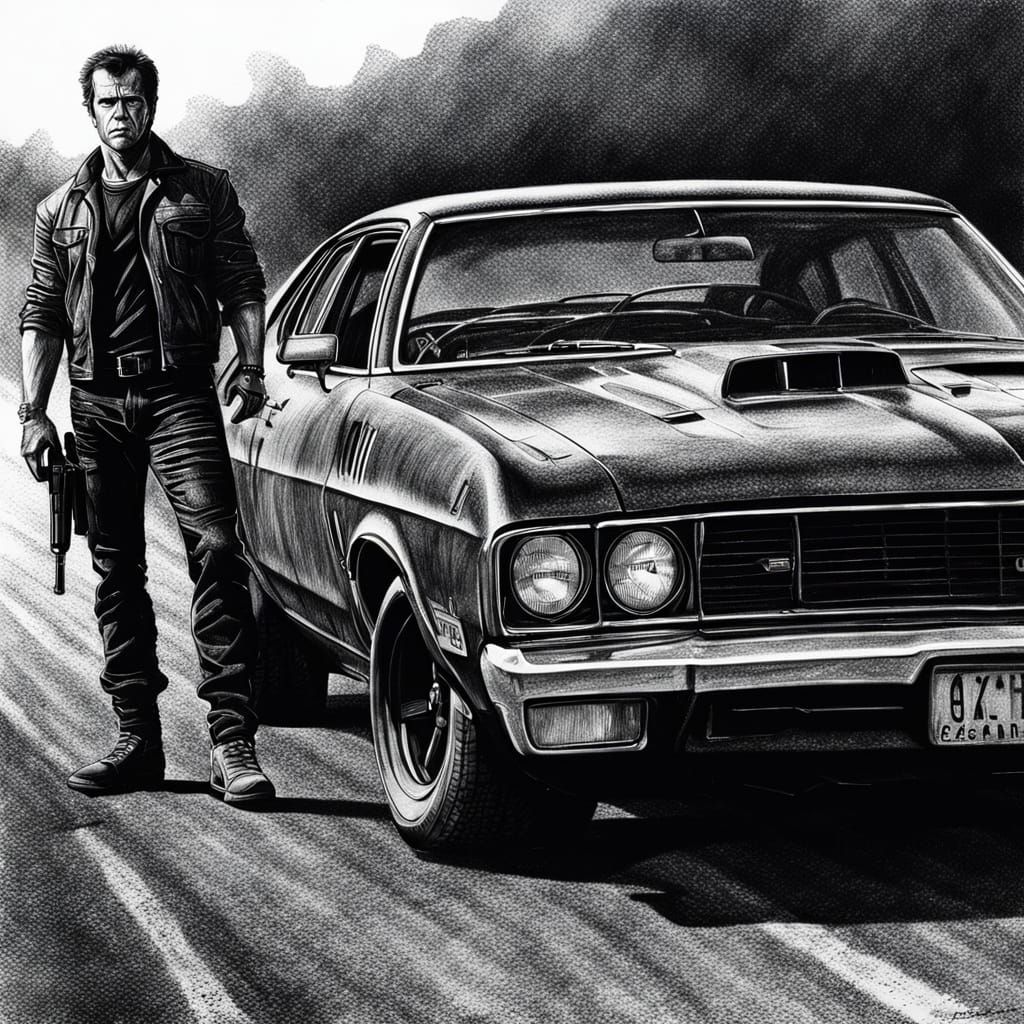Mad Max and Black Ford: Charcoal Drawing