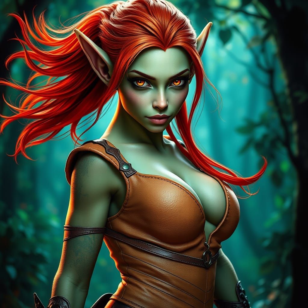 Mystical Forest Goddess in Vibrant Red Hair and Tan Leather
