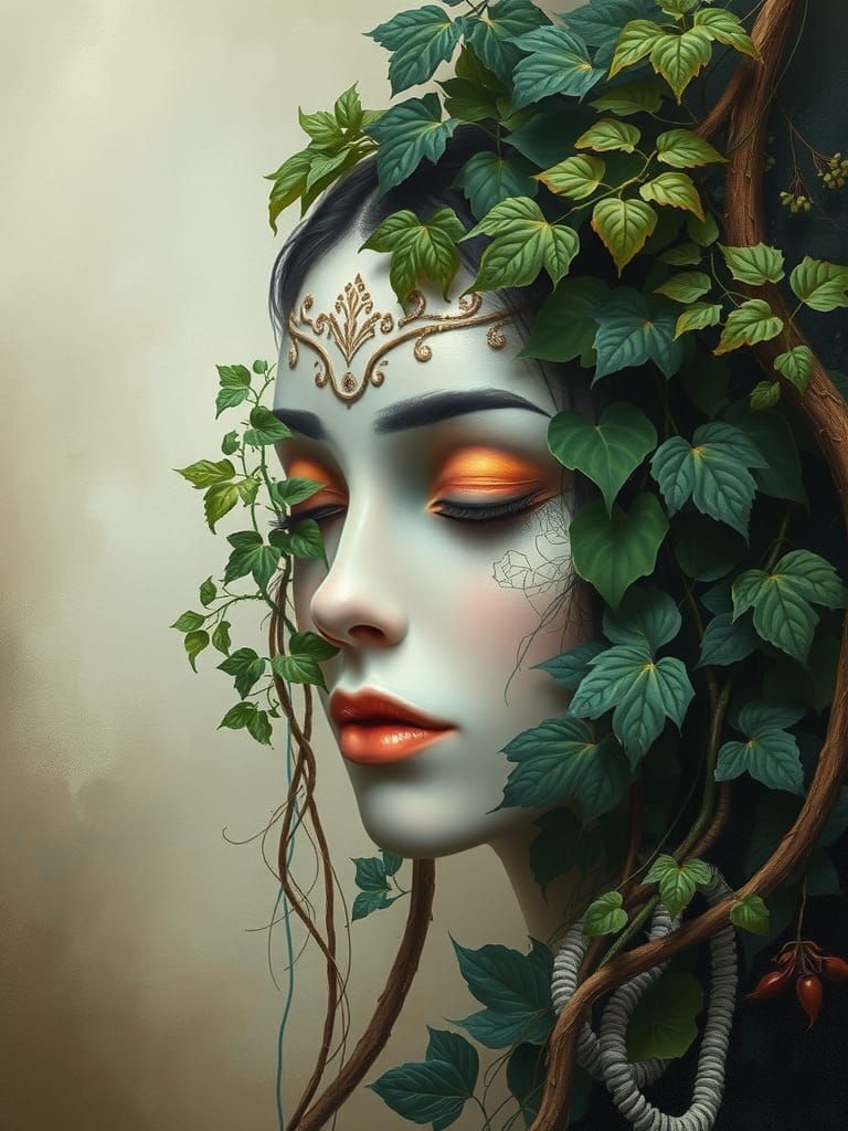 Serene Face Camouflaged by Lush Foliage