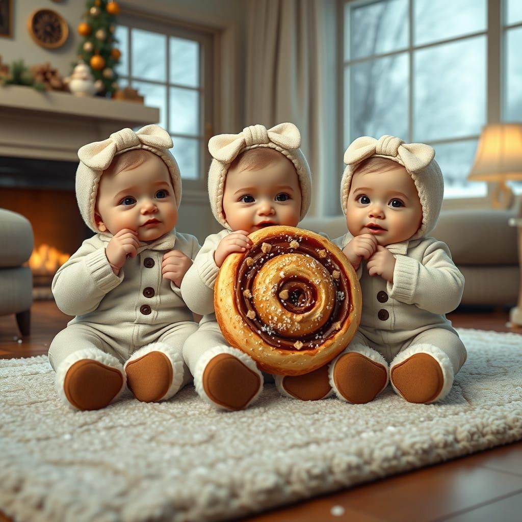Adorable Triplets Enjoy Cinnamon Roll on a Snowy Winter Morn...