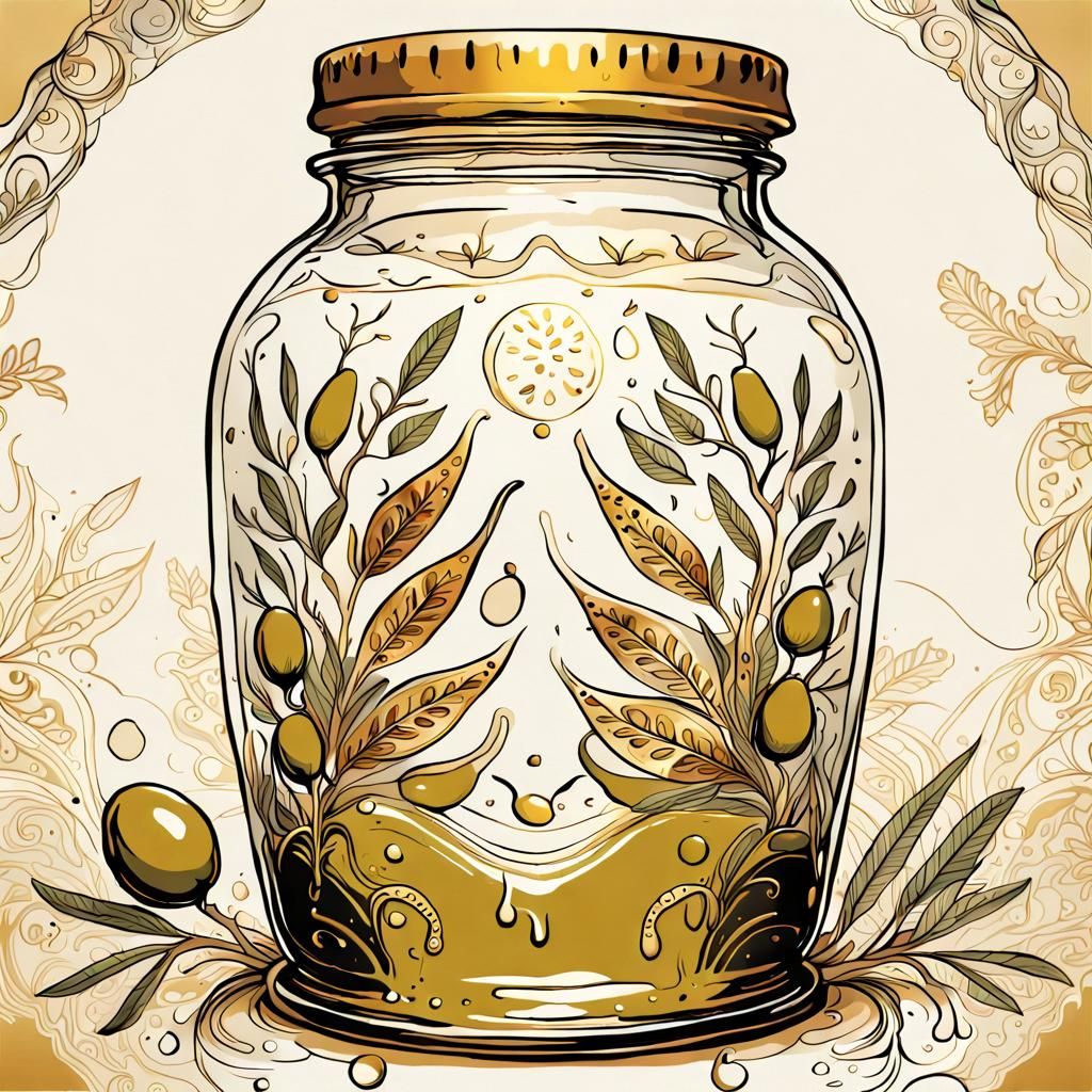 Golden Olive Oil Jar in Line Art Style