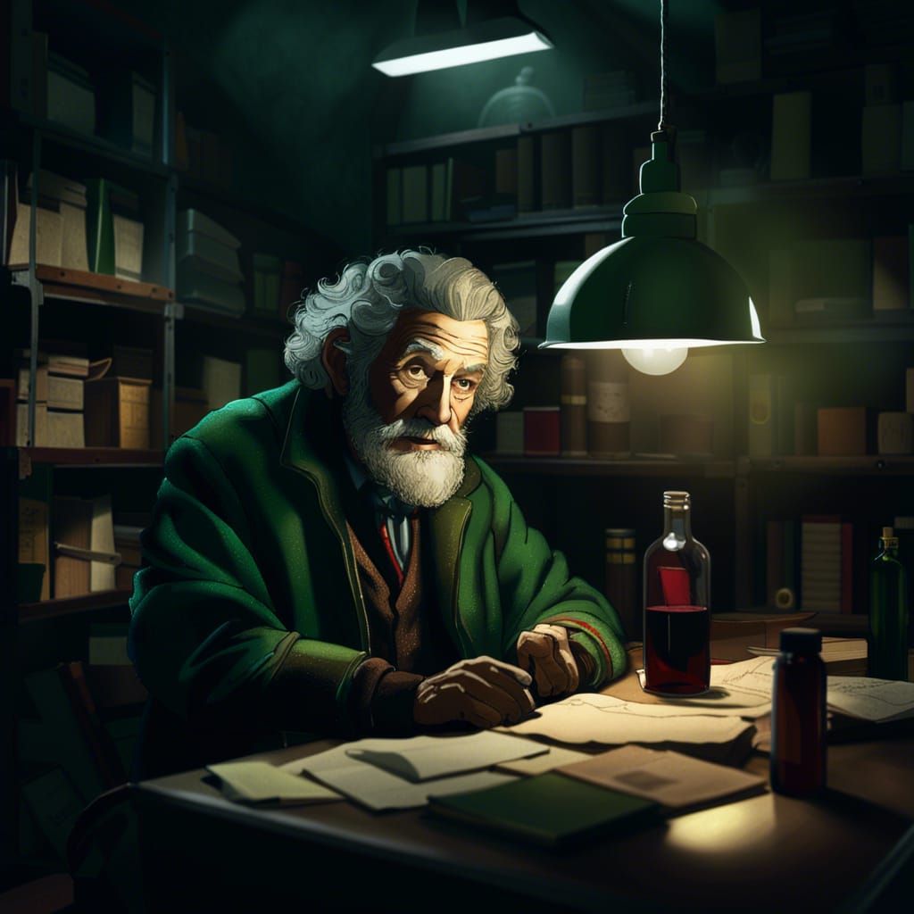 Elderly Man in Dimly Lit Office: Concept Art